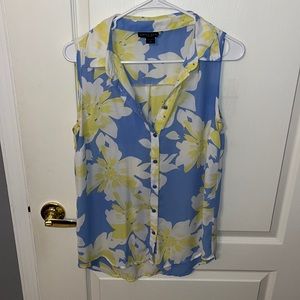 Medium blue and white floral button up top